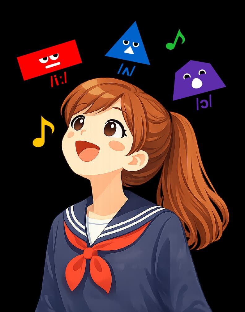 音素キャラクターを見上げて学ぶ中学生のイメージ